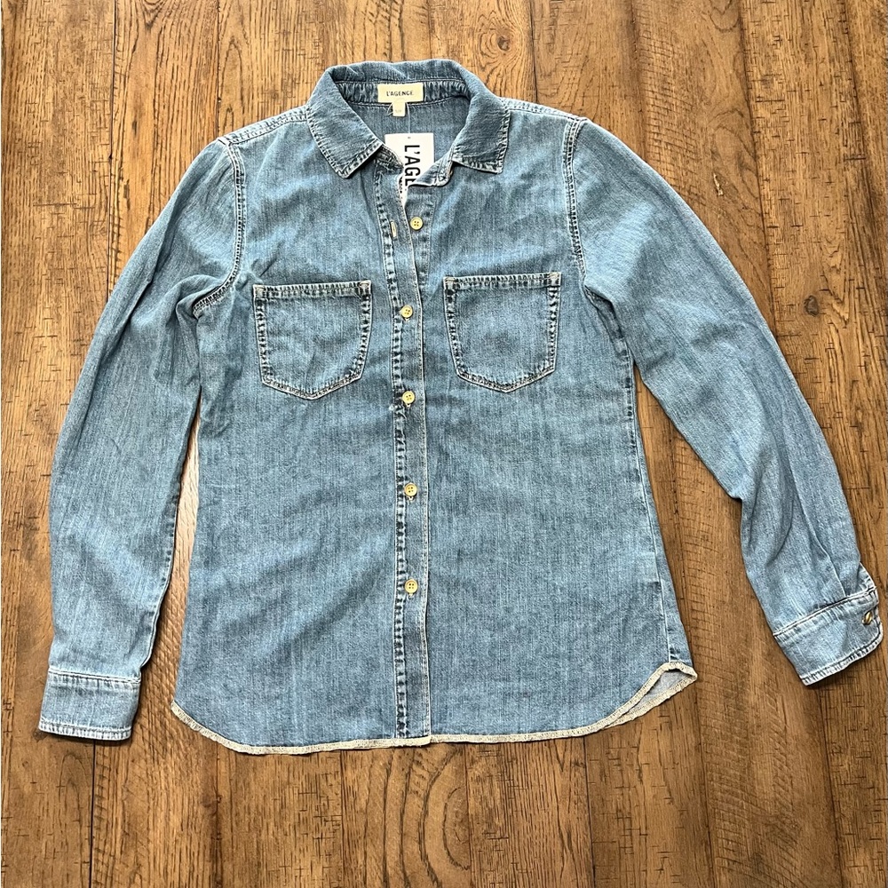 NWT L’AGENCE Chambray faun blue stone shacket denim S/P button down long sleeve
